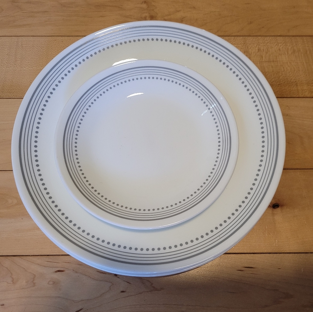 Corelle Mystic Grey, 4 dinner plates and 3 small plates